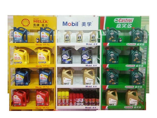 कस्टम ठंडे बस्ते में डालने वाला सुपरमार्केट कार सहायक उपकरण प्रदर्शन रैक हरा पीला सफेद